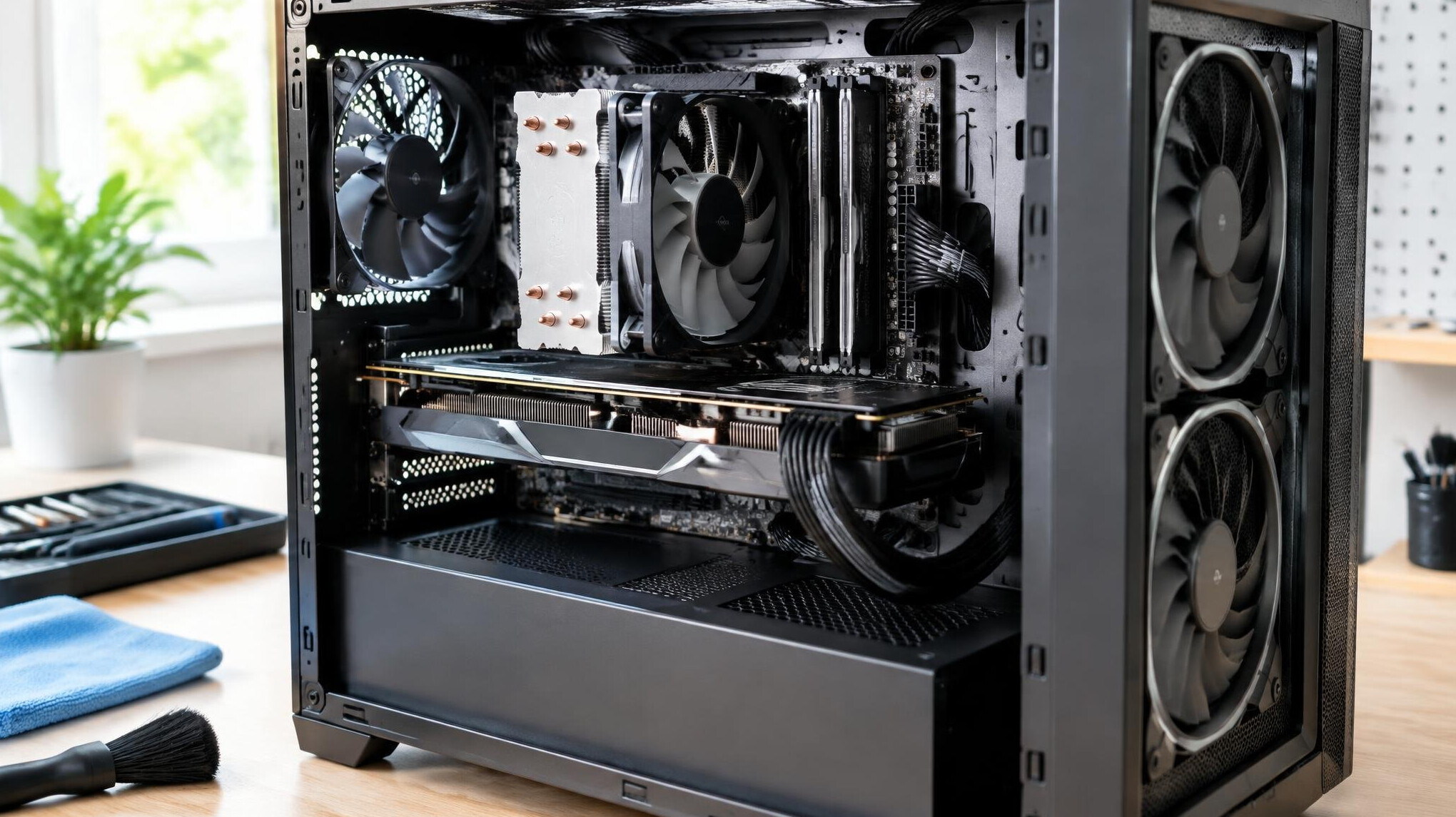 Opened desktop computer with clean components on a workbench