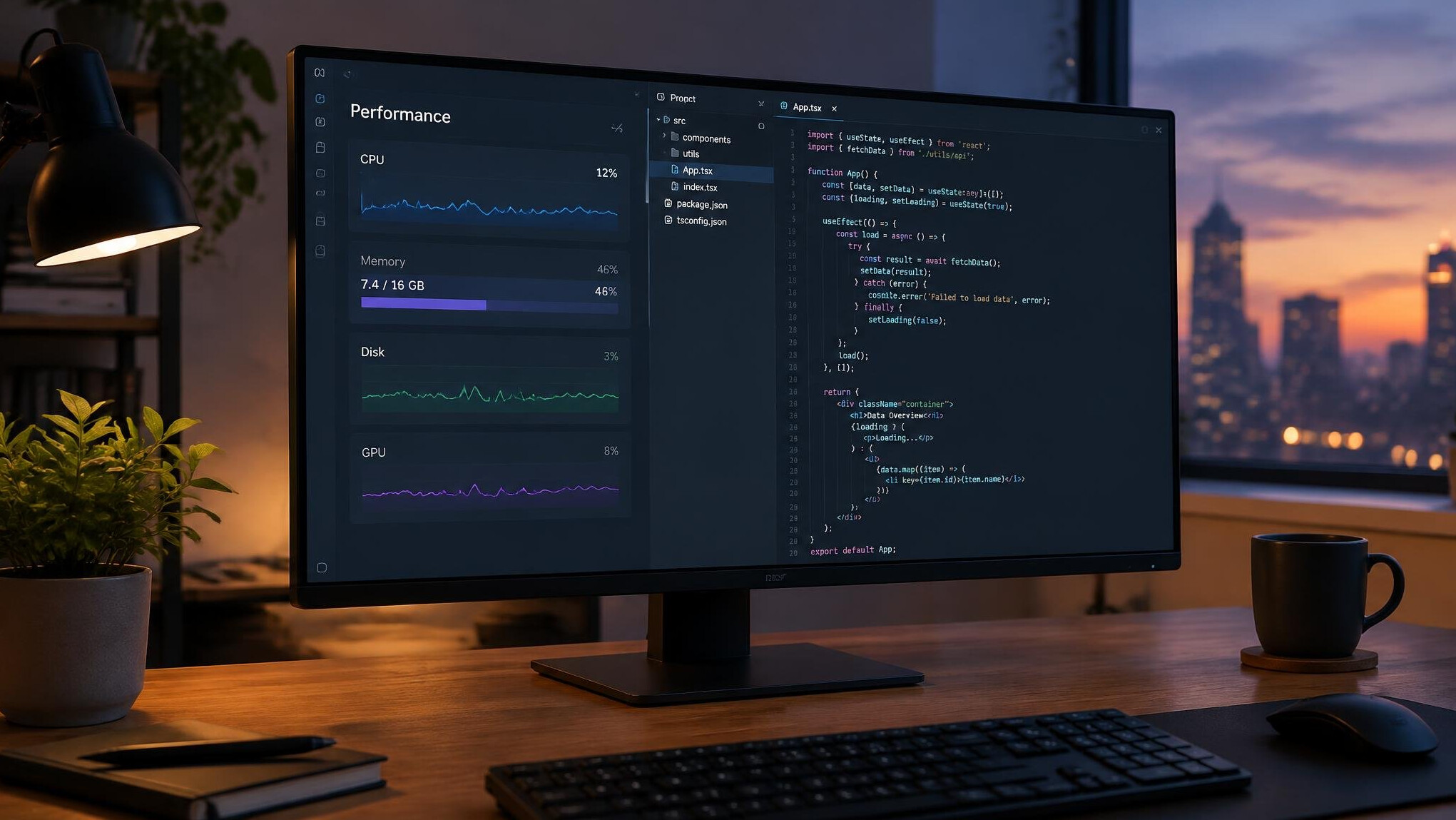 Monitor showing system settings and code on a desk
