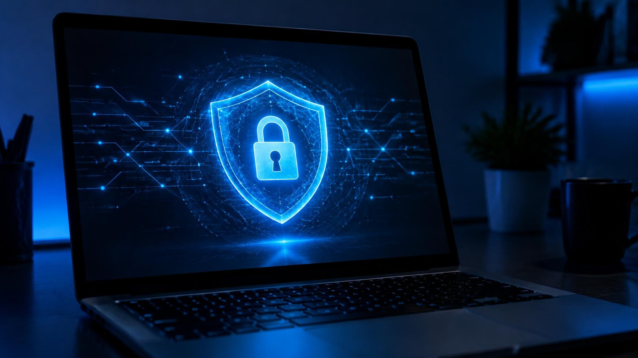 Digital security concept with glowing lock on screen